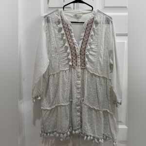 Crescent White and Brown Tassel Blouse